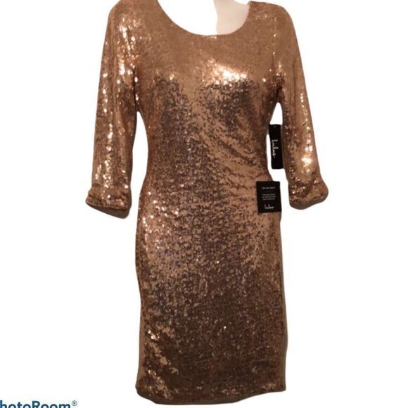 Lulus sequined dress Size Small gold 3/4 sleeve bodycon V back‎ lined party - Picture 1 of 7